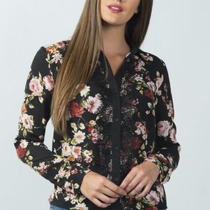 Floral Print Button Down Lace Trim Top
